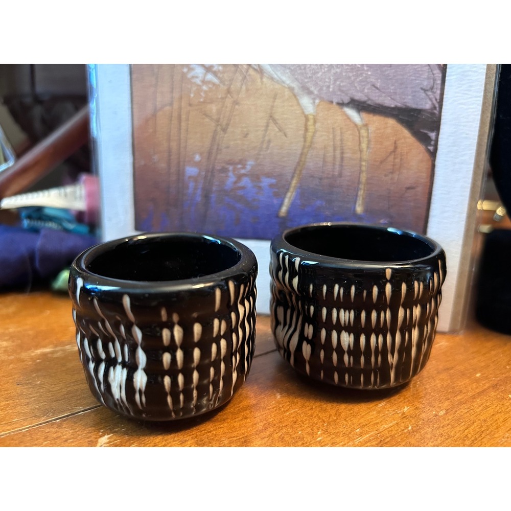 Handmade Ceramic Sake Cups Set of 2 Black White Textured Glaze Tea Bowls